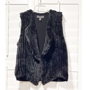 Nanette Lepore Faux Fur Vest Black Size Medium Sleeveless Jacket Knit Back Soft